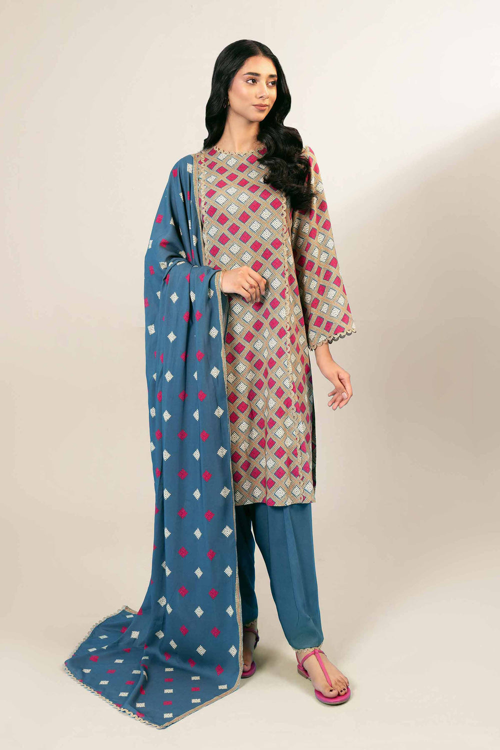 Printed Linen Blue Unstitched Suit - Nishat