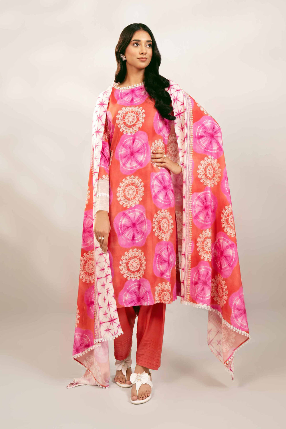 Printed Linen Pink & Orange Stitched Suit - Nishat