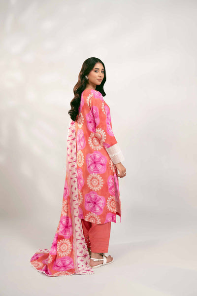 Printed Linen Pink & Orange Stitched Suit - Nishat