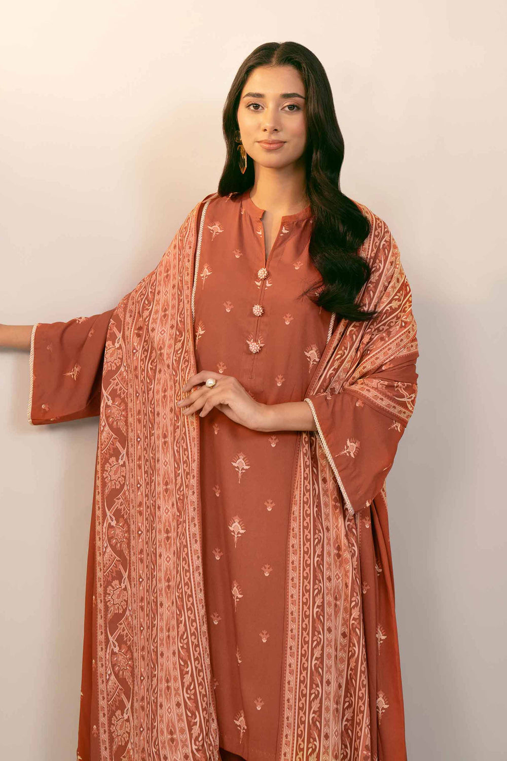 Printed Linen Pink Stitched Suit - Nishat