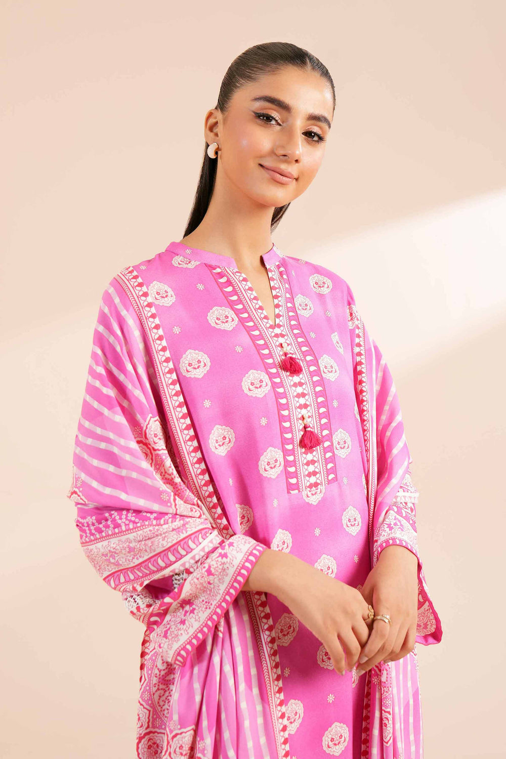 Printed Linen Pink Stitched Suit - Nishat