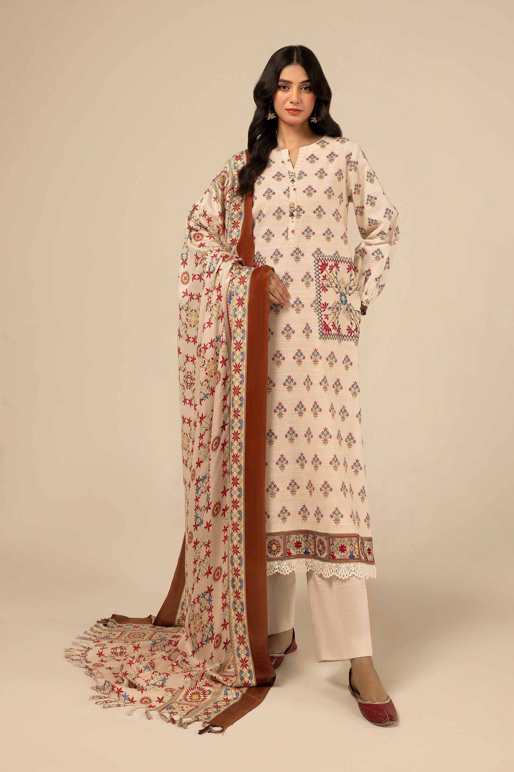 Printed Light Khaddar Off White Unstitched Suit - Nishat