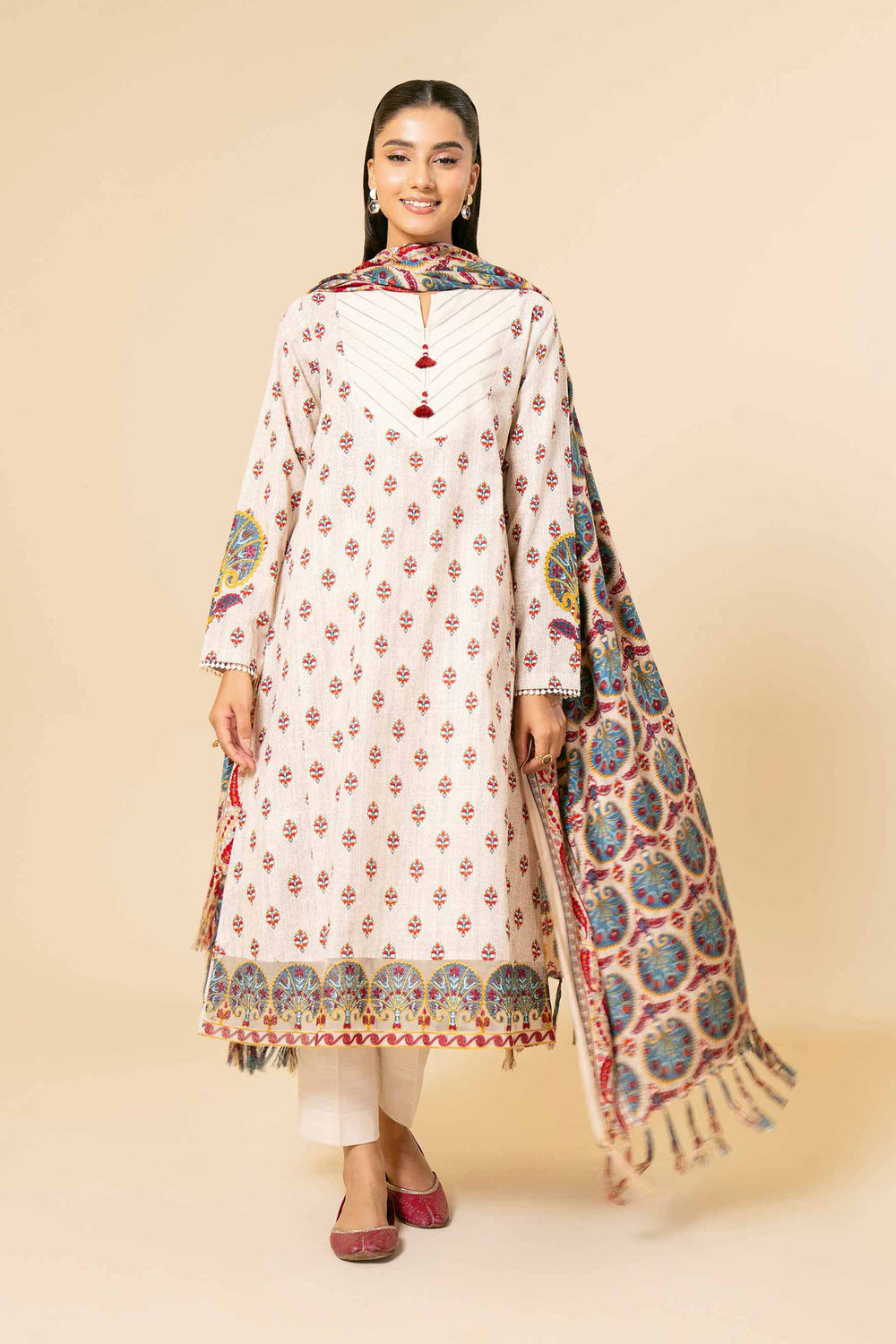 Printed Light Khaddar Blue & Beige Unstitched Suit - Nishat