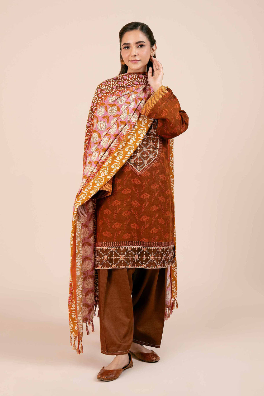 Printed Light Khaddar Rust Unstitched Suit - Nishat