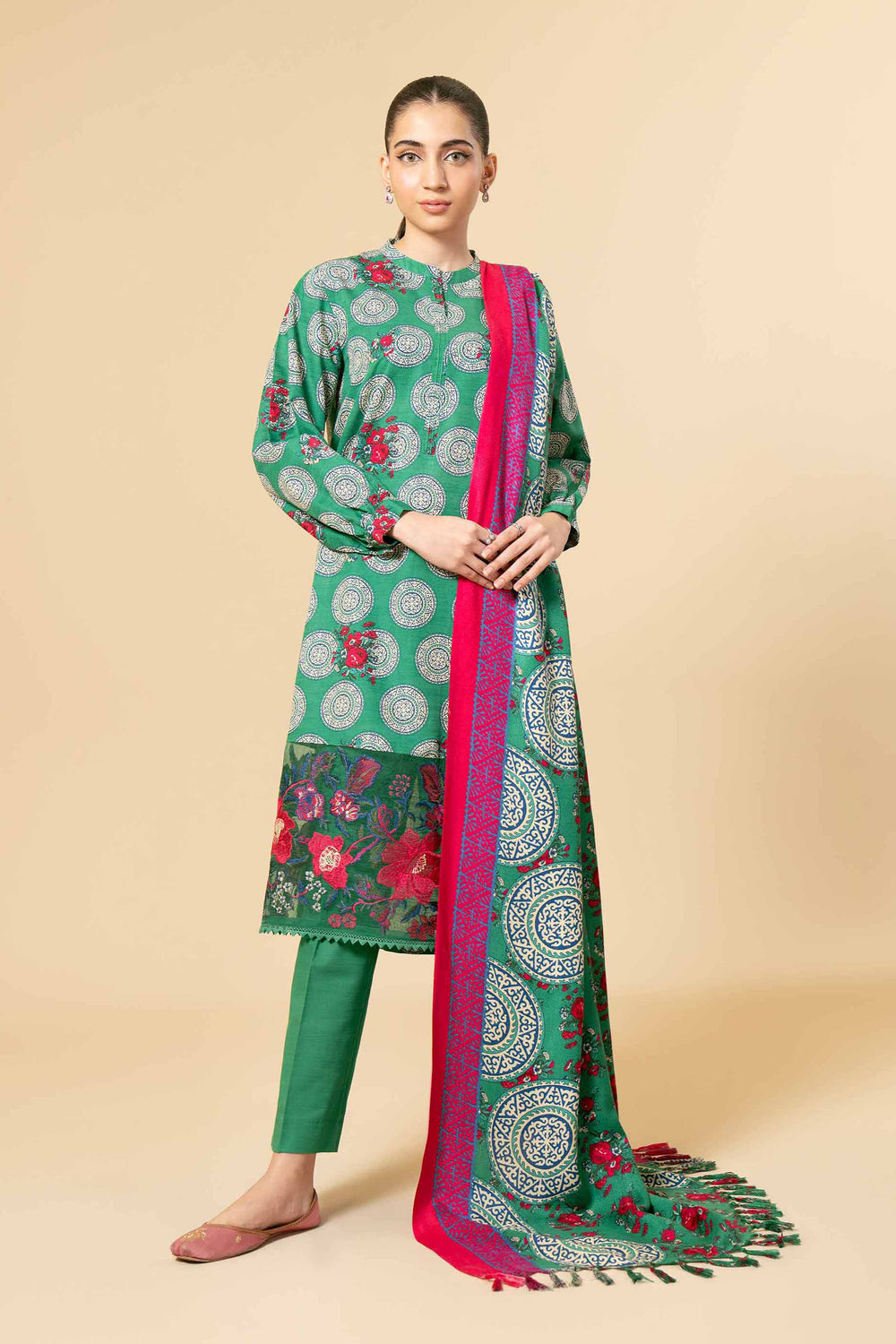 Printed Light Khaddar Cream Unstitched Suit - Nishat