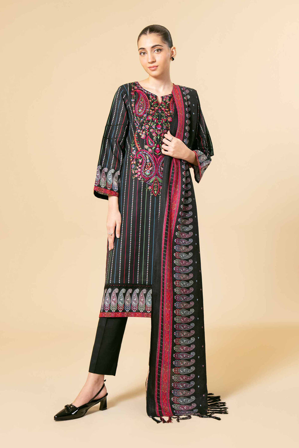 Printed Light Khaddar  Black Unstitched Suit - Nishat