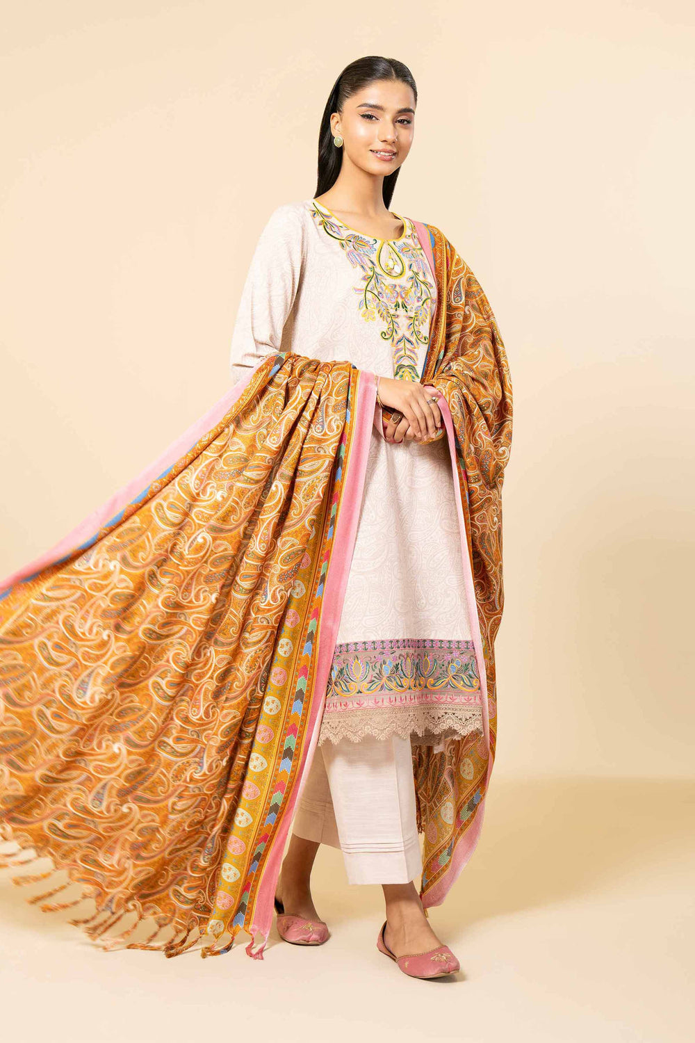 Printed Light Khaddar White Unstitched Suit - Nishat