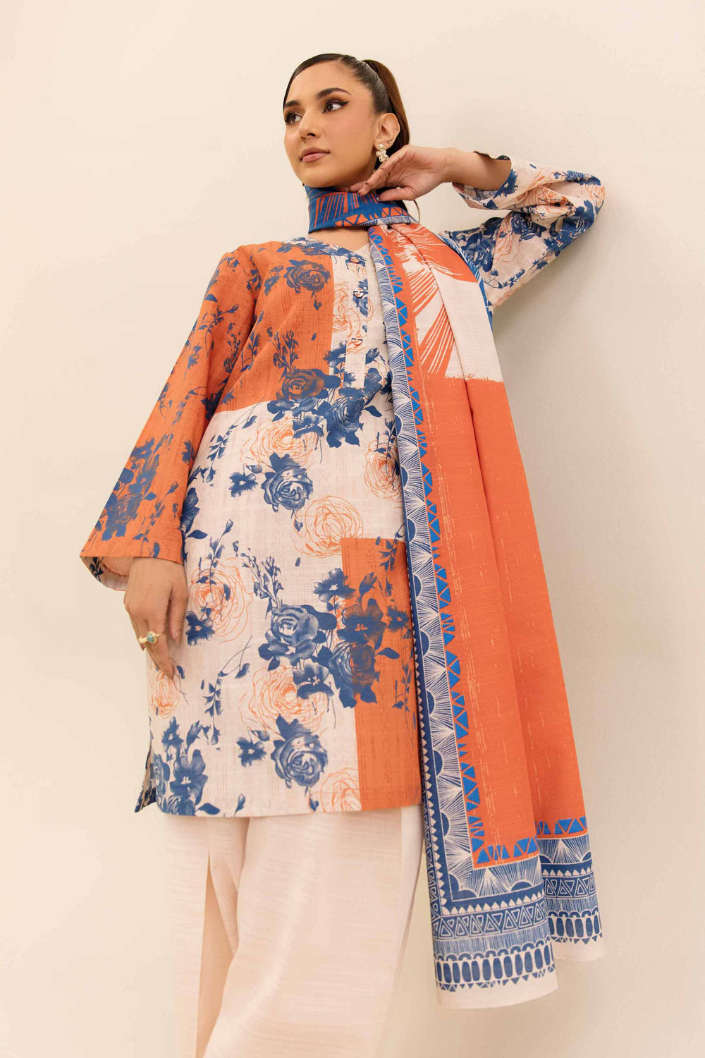 Printed Cotton Slub Blue & Beige Stitched Suit - Nishat