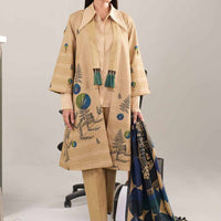 Digital Printed Cotton Slub Beige Unstitched Suit - Nishat