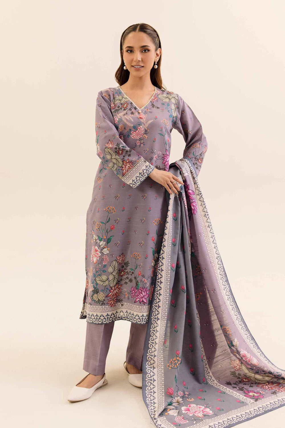 Printed Cotton Slub Mauve Stitched Suit - Nishat