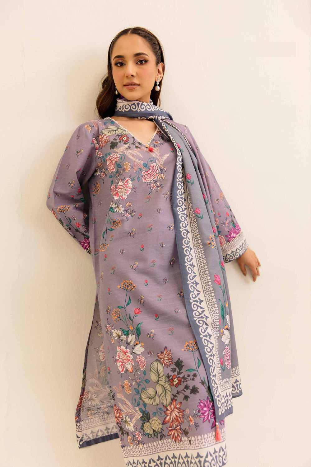 Printed Cotton Slub Mauve Stitched Suit - Nishat