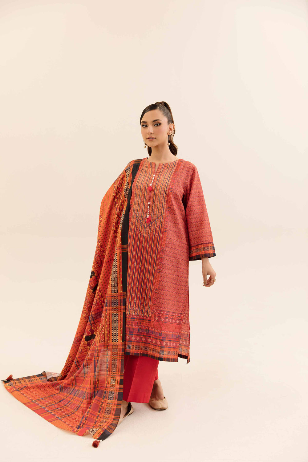 Digital Printed Cotton Slub Red Unstitched Suit - Nishat