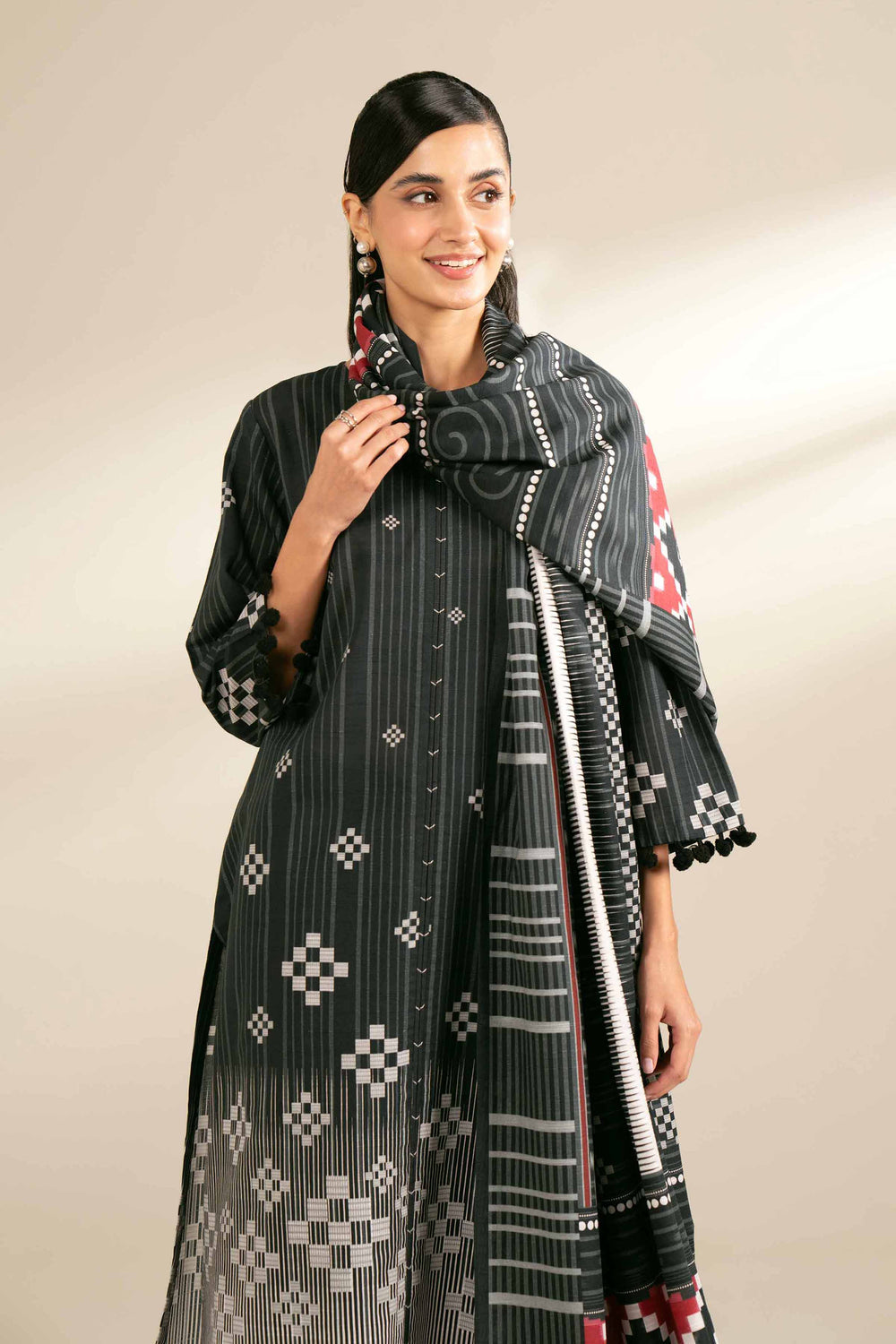 Printed Cotton Slub Charcoal Stitched Suit - Nishat