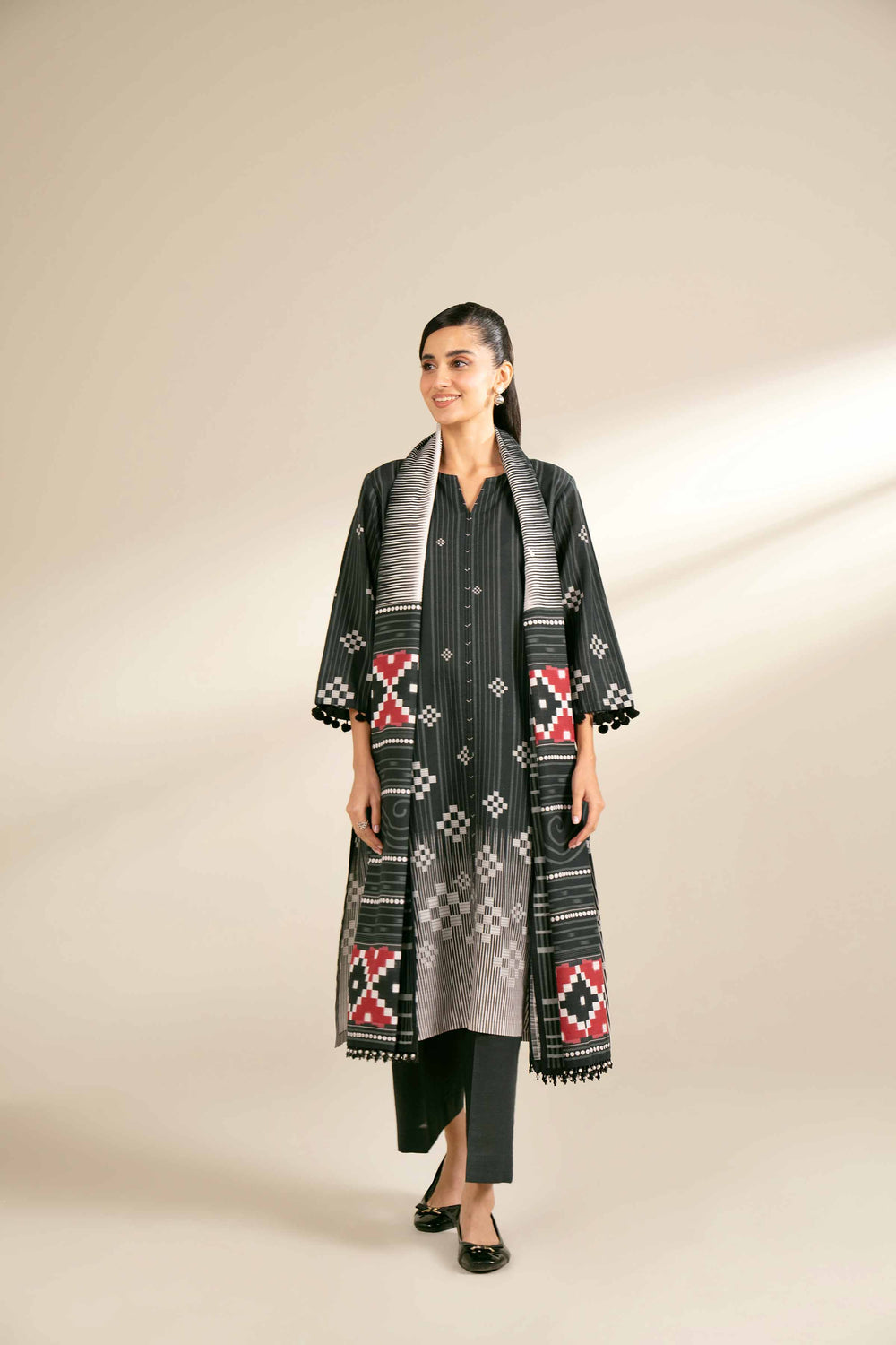 Printed Cotton Slub Charcoal Stitched Suit - Nishat