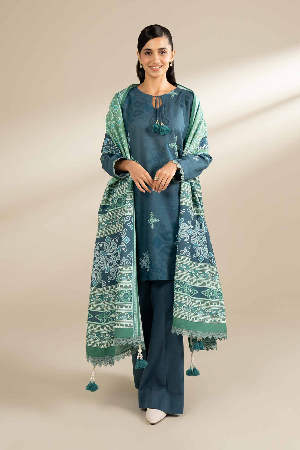 Printed Cotton Slub Blue Green Stitched Suit - Nishat