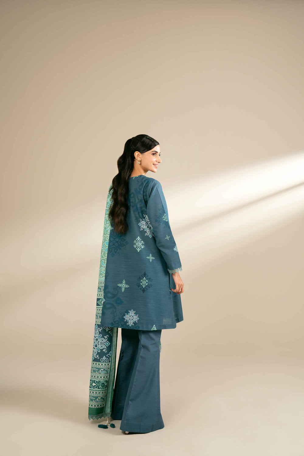 Printed Cotton Slub Blue Green Stitched Suit - Nishat