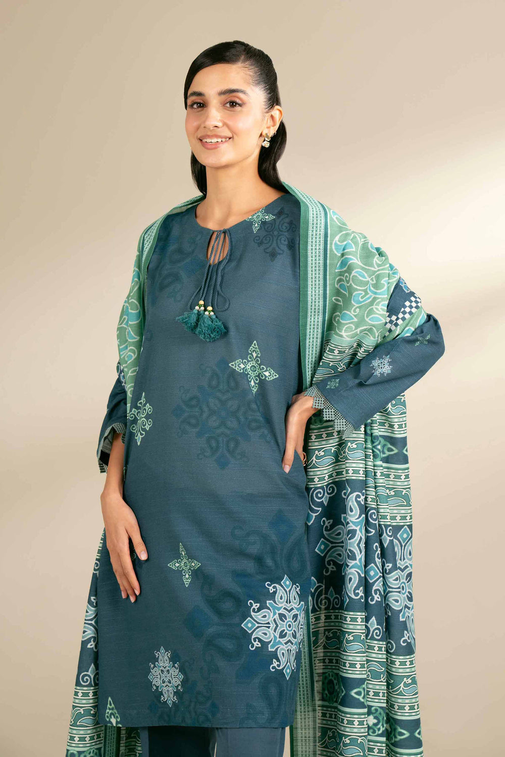 Printed Cotton Slub Blue Green Stitched Suit - Nishat