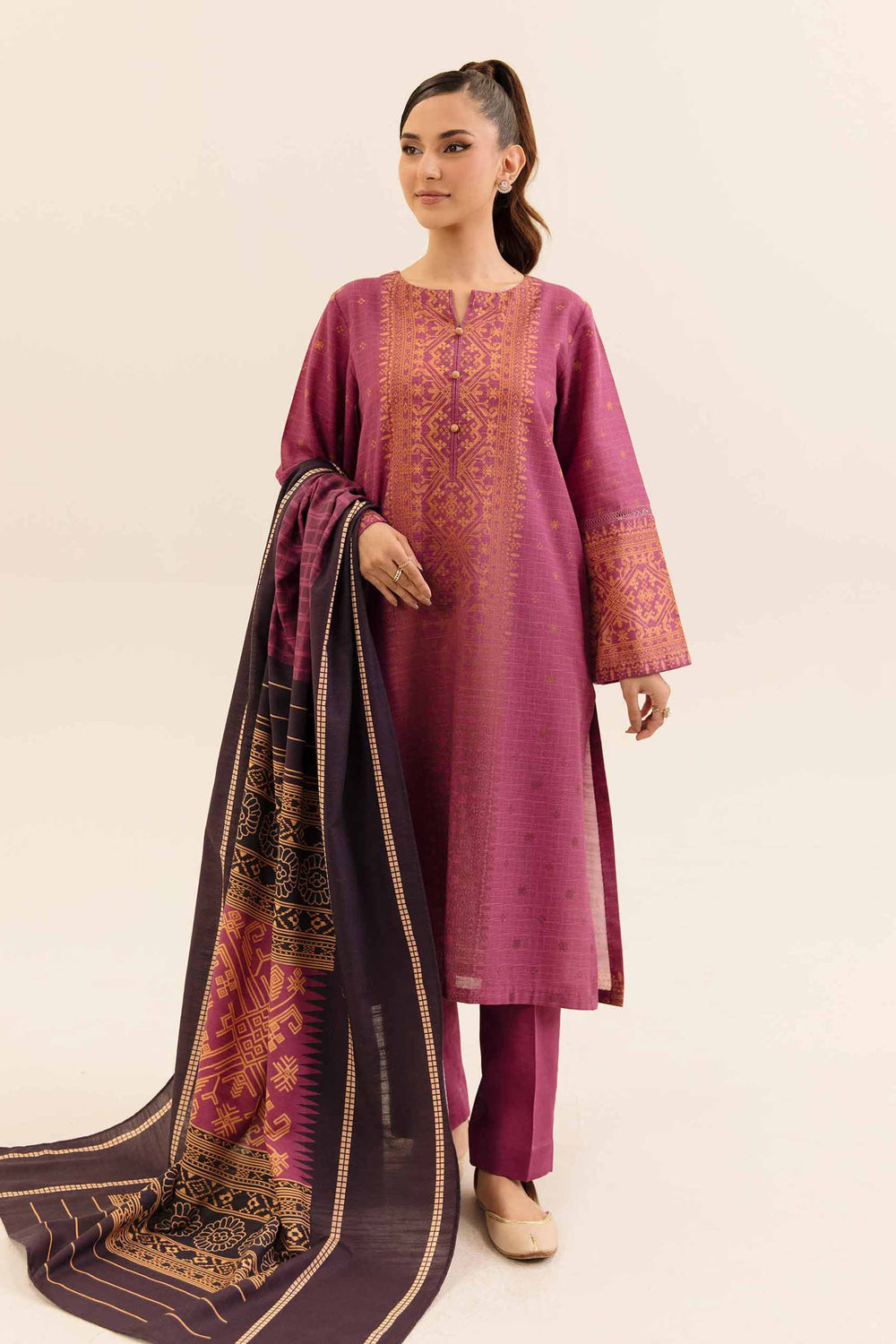 Digital Printed Cotton Slub Magenta Unstitched Suit - Nishat