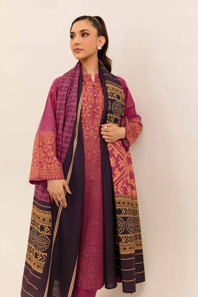 Printed Cotton Slub Magenta Stitched Suit - Nishat