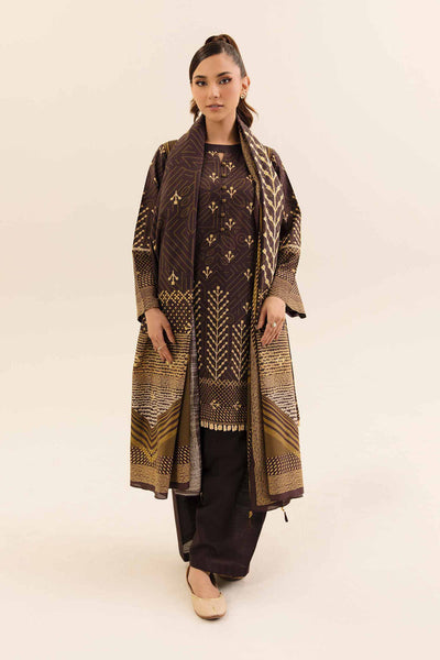 Printed Cotton Slub Chocolate Brown Stitched Suit - Nishat