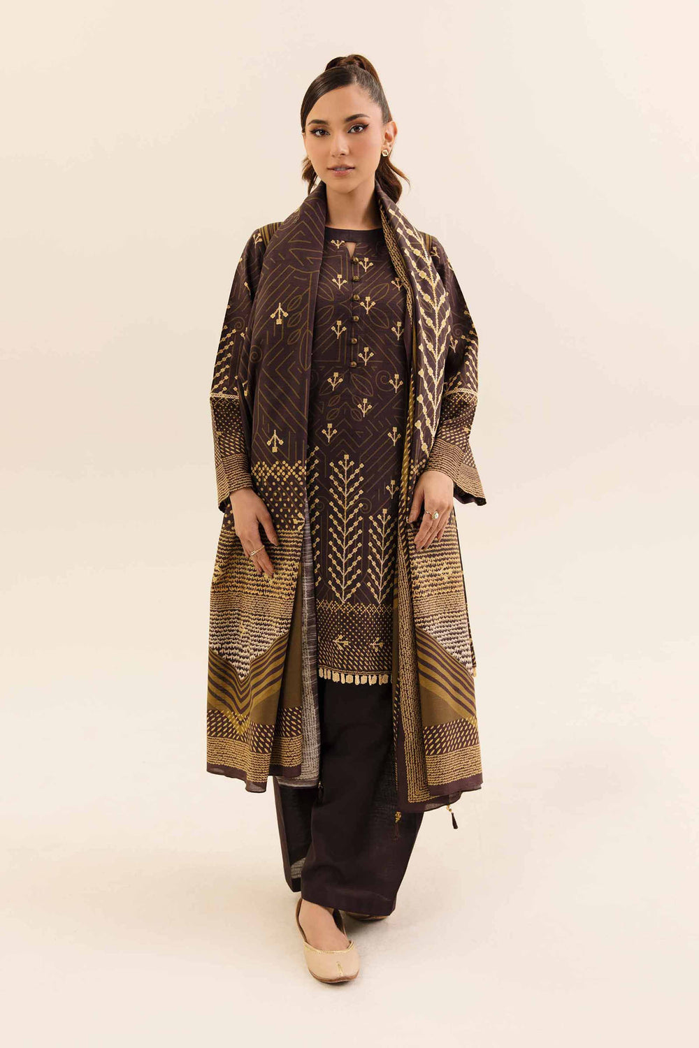 Digital Printed Cotton Slub Brown Unstitched Suit - Nishat