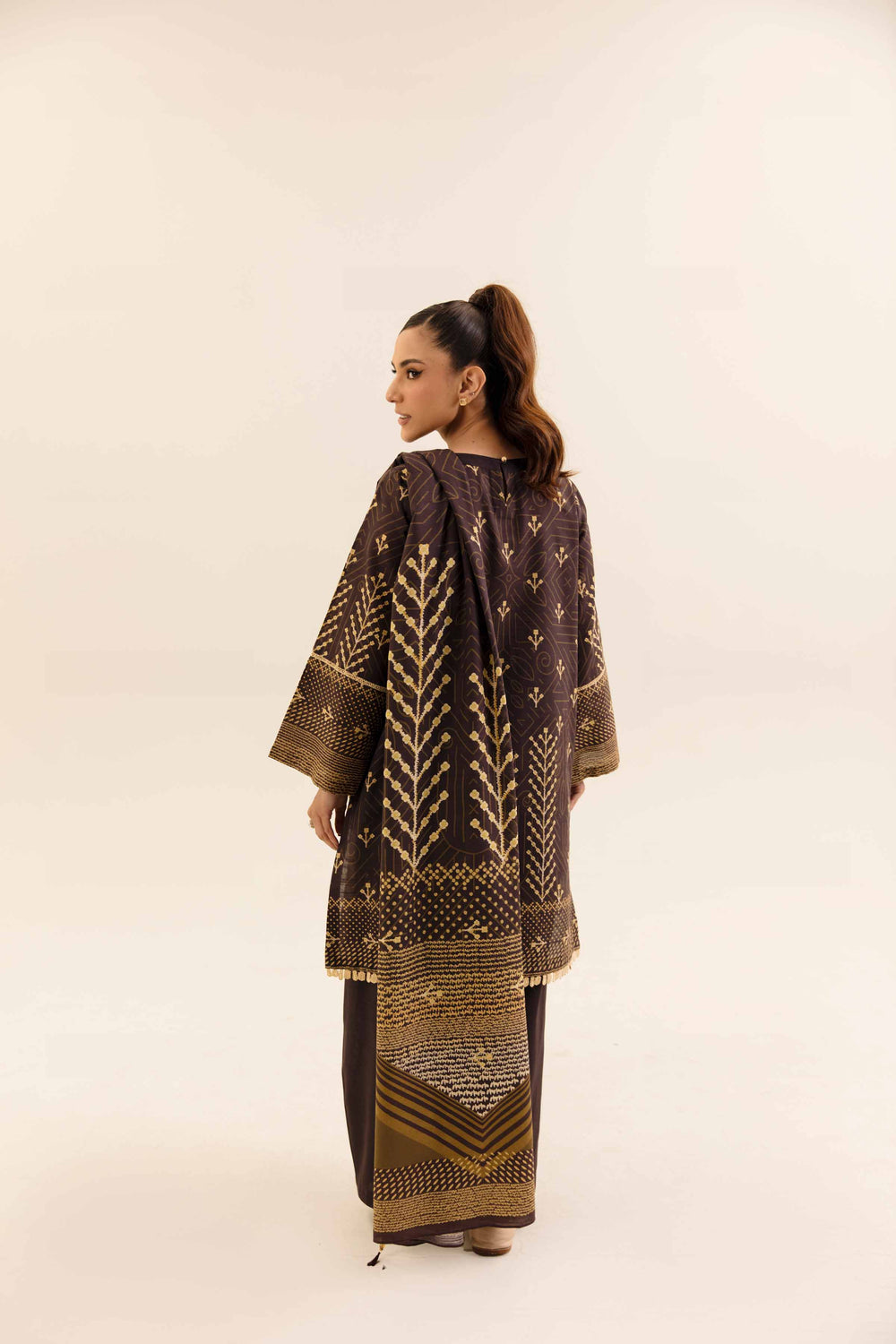 Printed Cotton Slub Chocolate Brown Stitched Suit - Nishat