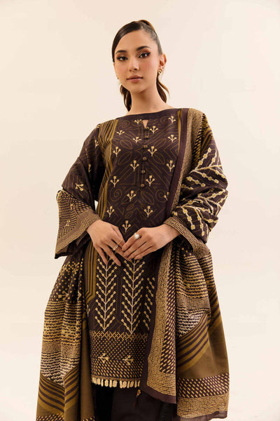 Printed Cotton Slub Chocolate Brown Stitched Suit - Nishat