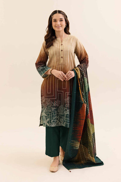 Printed Cotton Slub Beige & Rust Stitched Suit - Nishat