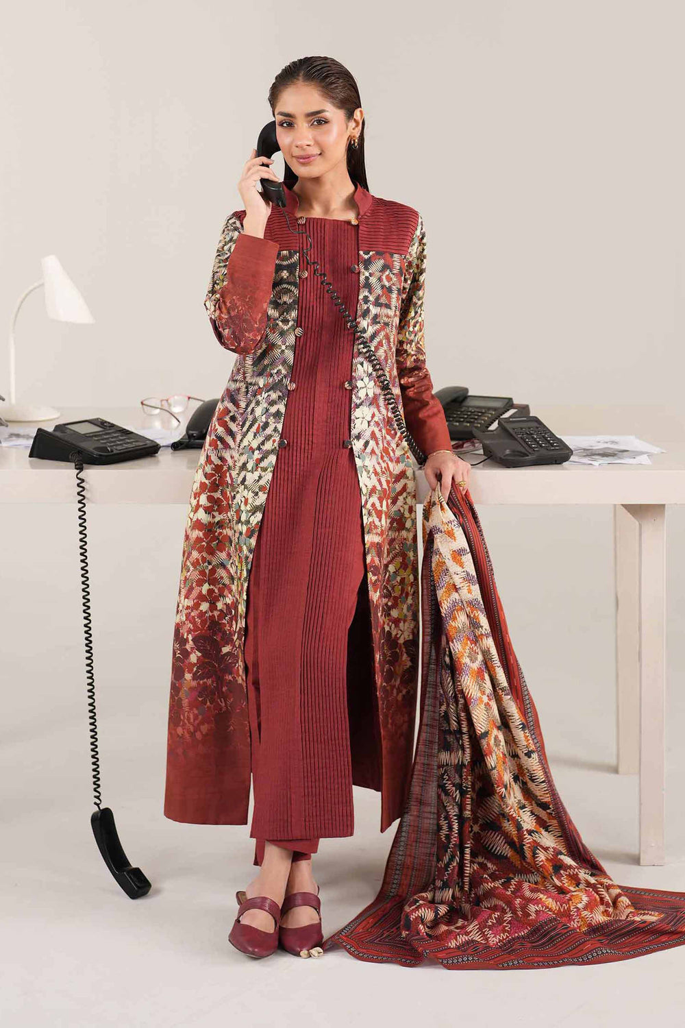 Digital Printed Cotton Slub Maroon Unstitched Suit - Nishat