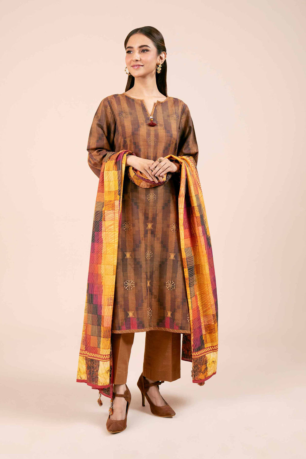 Digital Printed Cotton Slub Deep Brown Unstitched Suit - Nishat