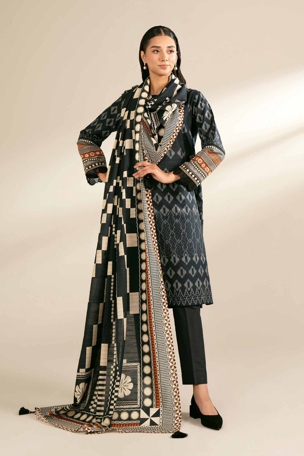 Digital Printed Cotton Slub Black Unstitched Suit - Nishat