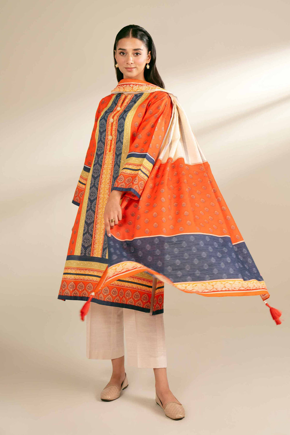 Digital Printed Cotton Slub Orange Unstitched Suit - Nishat