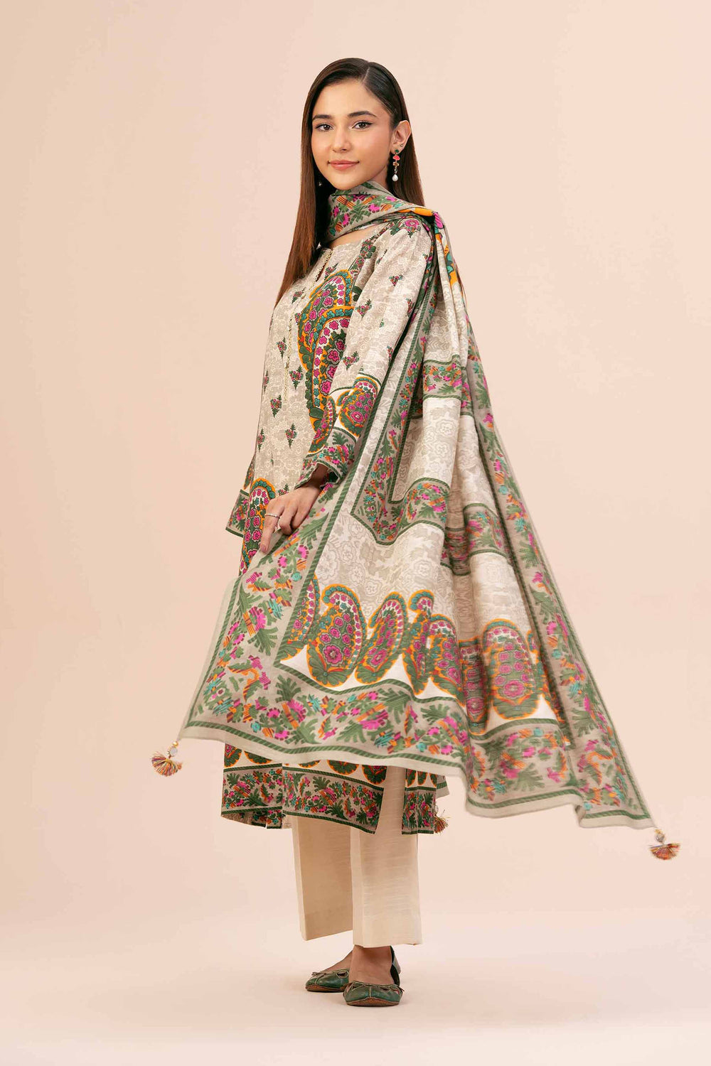 Digital Printed Cotton Slub Beige Unstitched Suit - Nishat