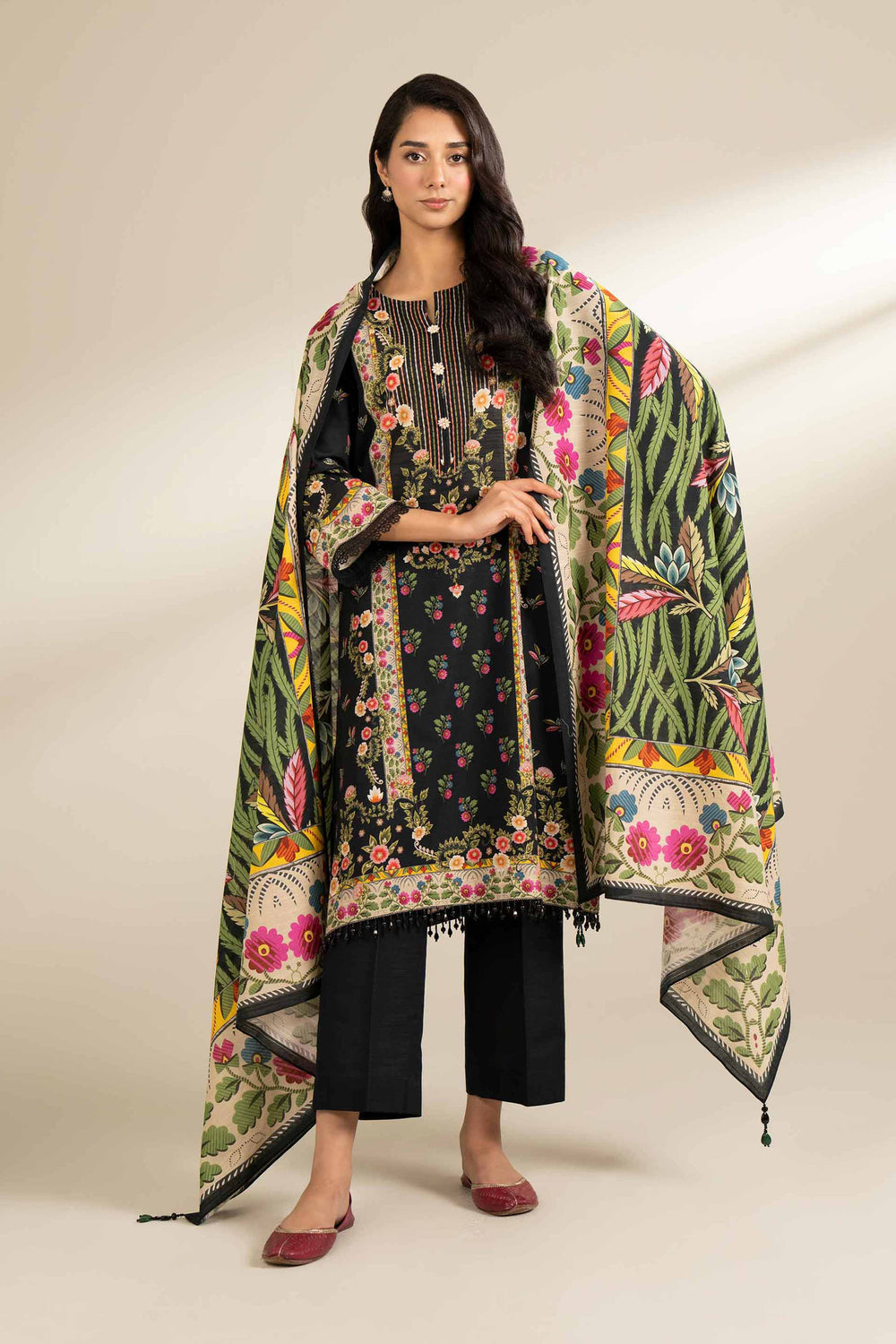 Digital Printed Cotton Slub Black Unstitched Suit - Nishat