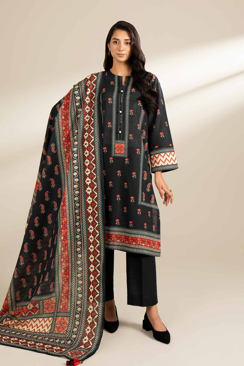 Digital Printed Cotton Slub  Black Unstitched Suit - Nishat