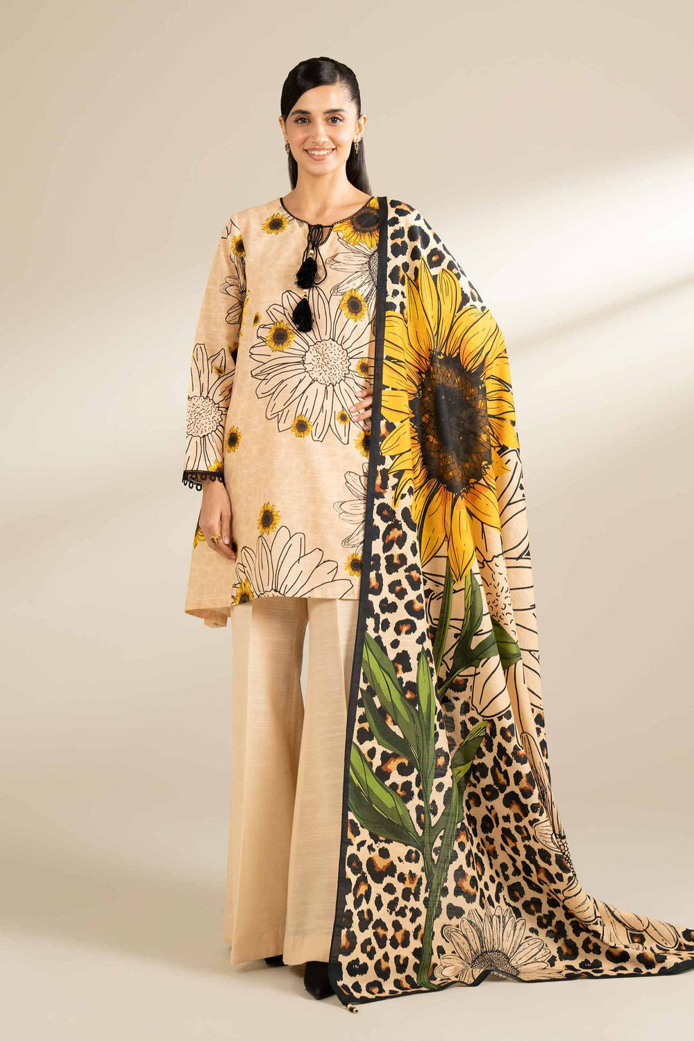 Digital Printed Cotton Slub Cream Unstitched Suit - Nishat