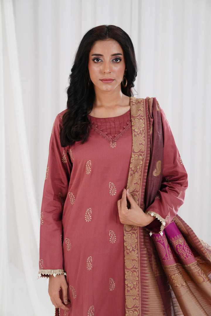 Embroidered Solid Nisha Satin Marsala Stitched Suit - Nishat
