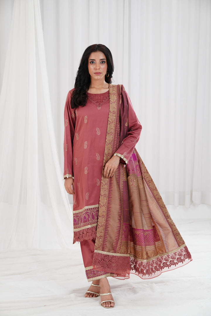 Embroidered Solid Nisha Satin Marsala Stitched Suit - Nishat