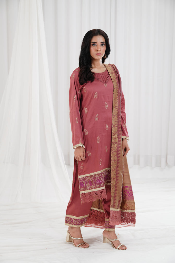 Embroidered Solid Nisha Satin Marsala Stitched Suit - Nishat