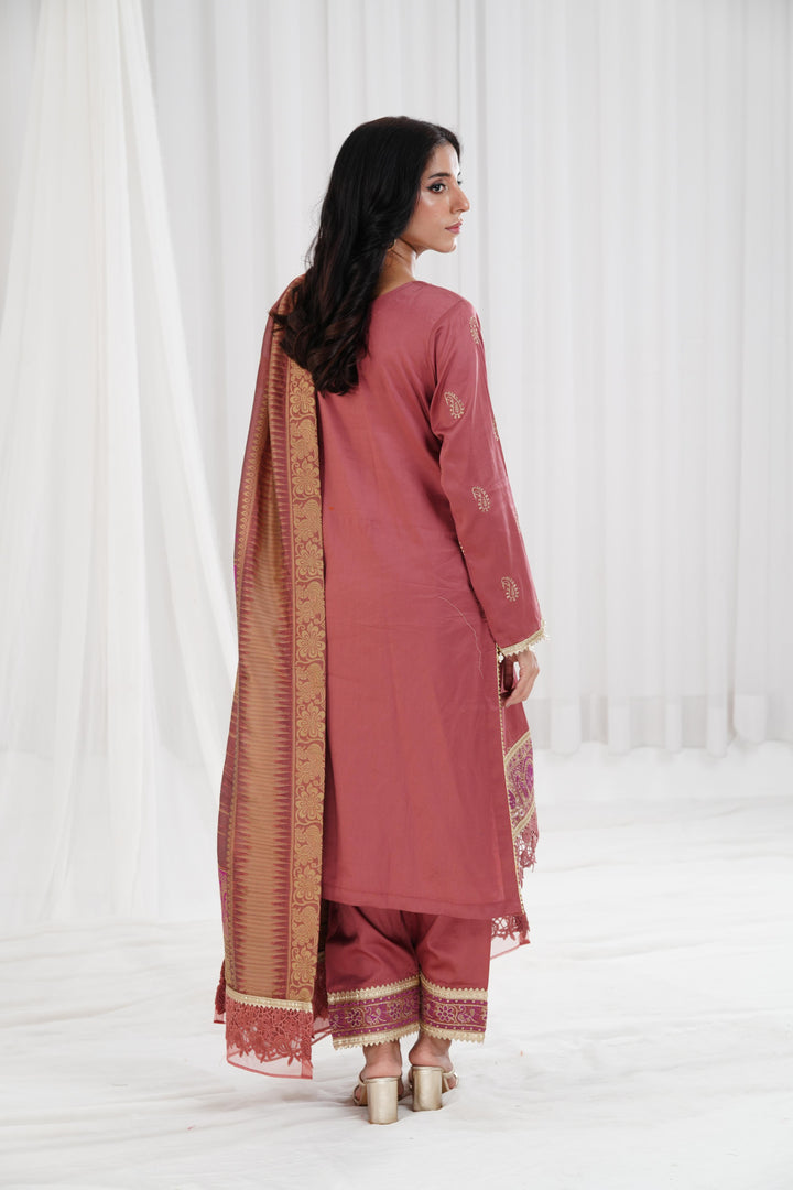 Embroidered Solid Nisha Satin Marsala Stitched Suit - Nishat