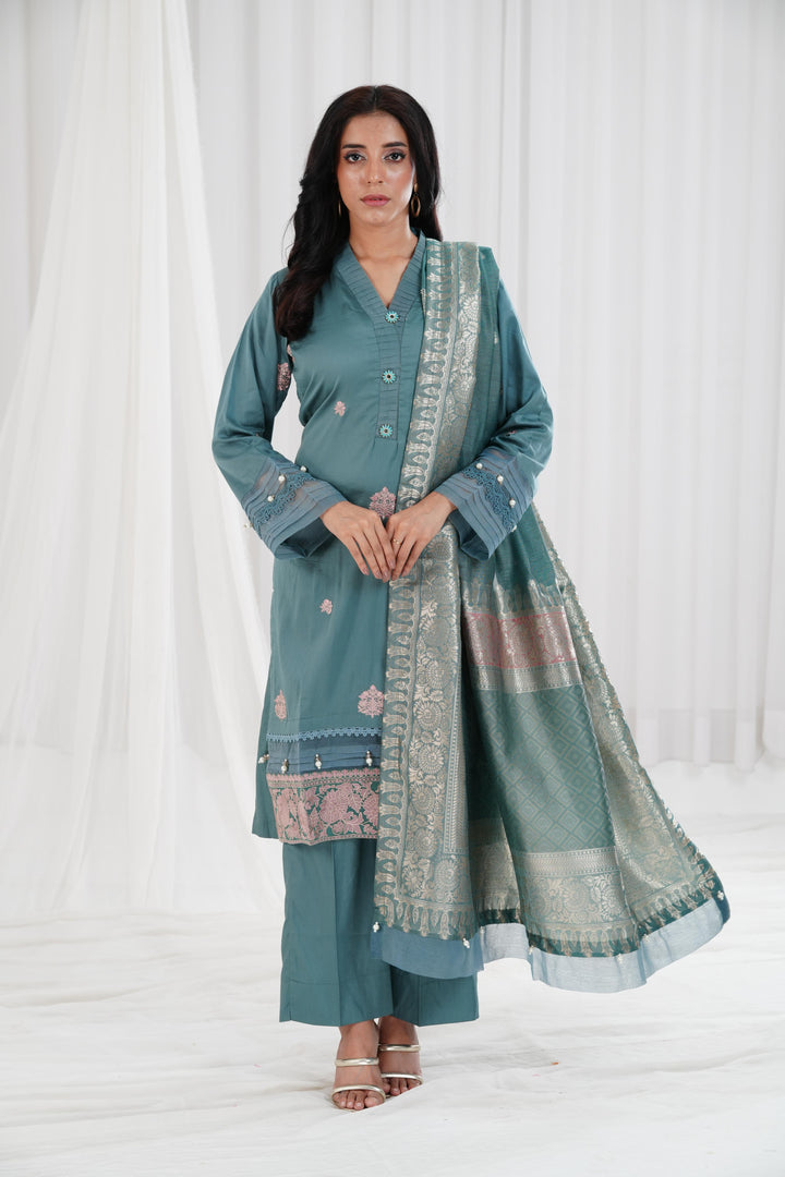 Embroidered Solid Nisha Satin Mint Stitched Suit - Nishat