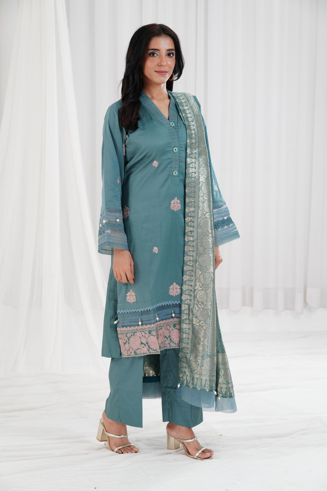 Embroidered Solid Nisha Satin Mint Stitched Suit - Nishat
