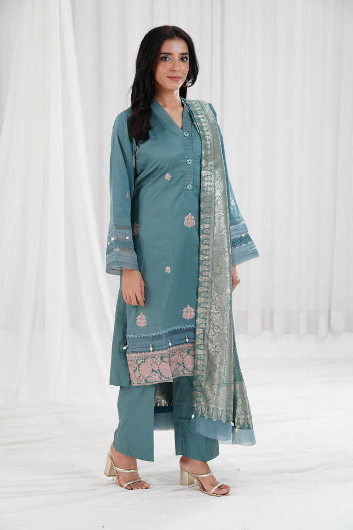 Embroidered Solid Nisha Satin Mint Stitched Suit - Nishat