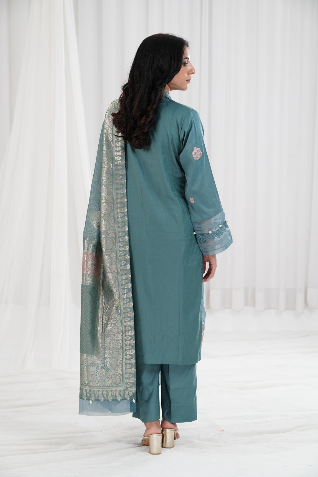 Embroidered Solid Nisha Satin Mint Stitched Suit - Nishat