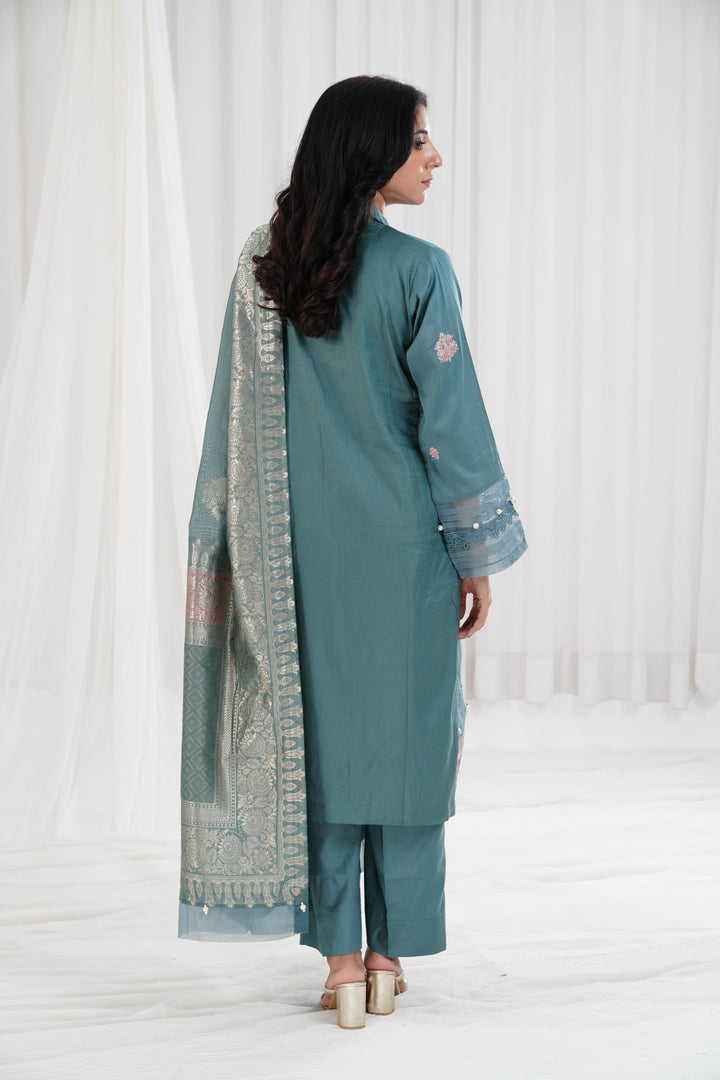 Embroidered Solid Nisha Satin Mint Stitched Suit - Nishat