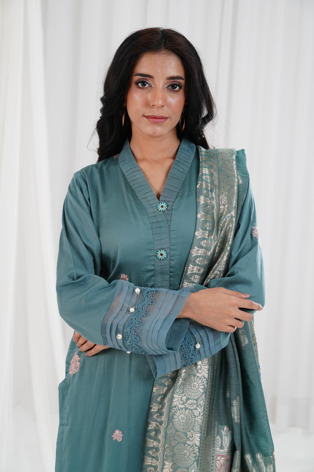 Embroidered Solid Nisha Satin Mint Stitched Suit - Nishat