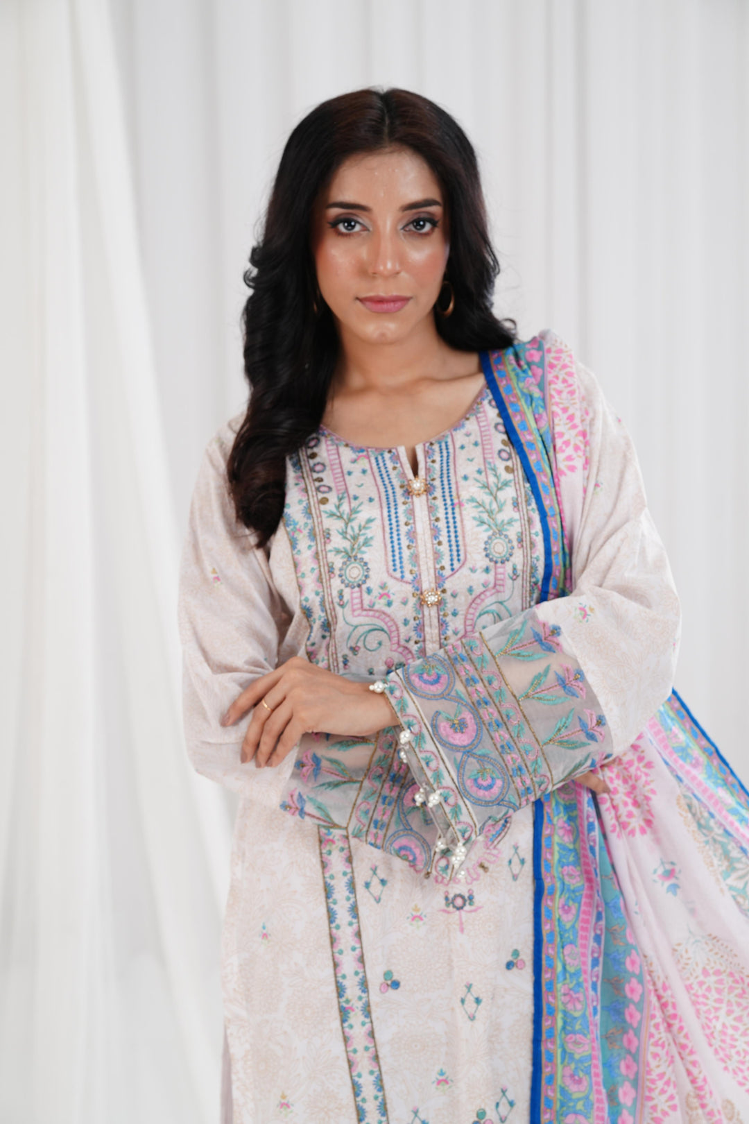Super Fine Lawn Dull White Stitched Suit - Nishat