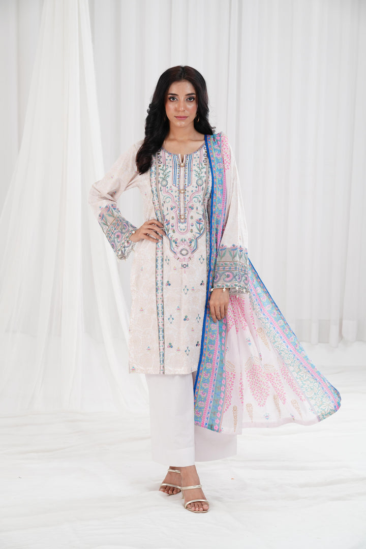 Super Fine Lawn Dull White Stitched Suit - Nishat