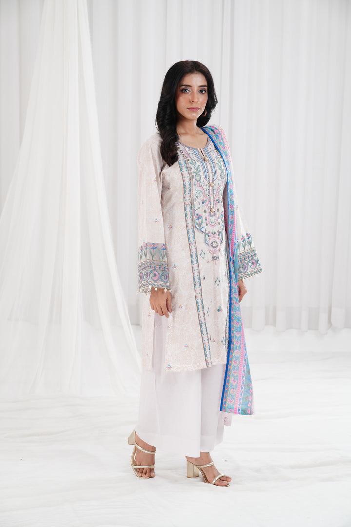 Super Fine Lawn Dull White Stitched Suit - Nishat