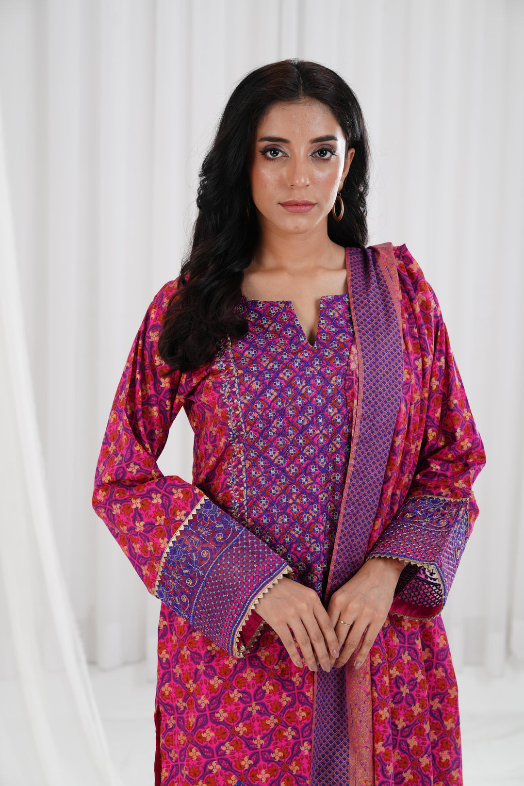 Gold Printed Embroidered Pink Stitched Suit - Nishat